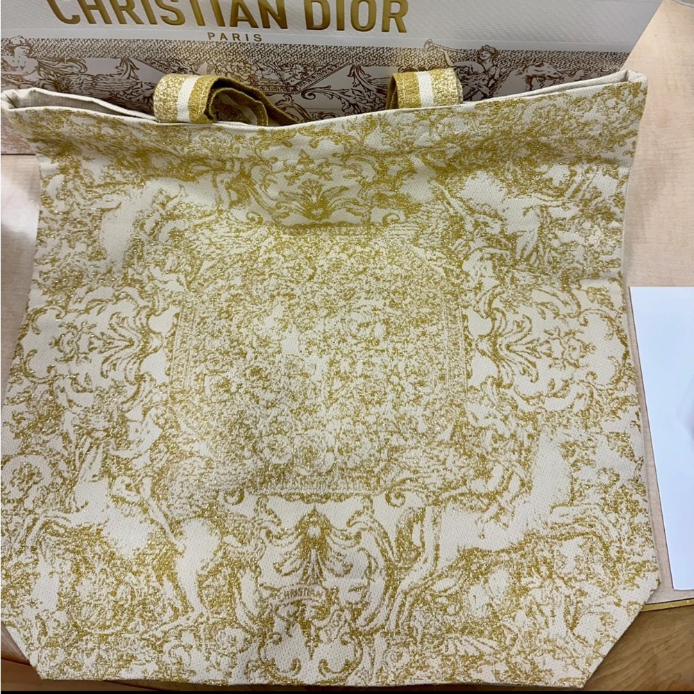 Christian Dior Gold Metallic Cream Embroidered Logo Tote Bag VIP Gift - Picture 3 of 11